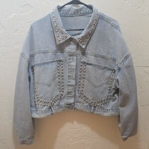 Stylish Cropped Studded Light Blue Denim Jacket